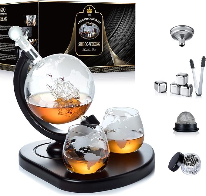 WEEBNG Whiskey Decanter Set,Globe Wine Decanter Set with 2 Glasses,Cleaning Beads,4 Stainless Ste... | Amazon (US)