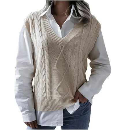 Womens Sweater Vest V Neck Oversized Sleeveless Causal Knit Solid Tank Top Women s Knitted Sweater Vest | Walmart (US)