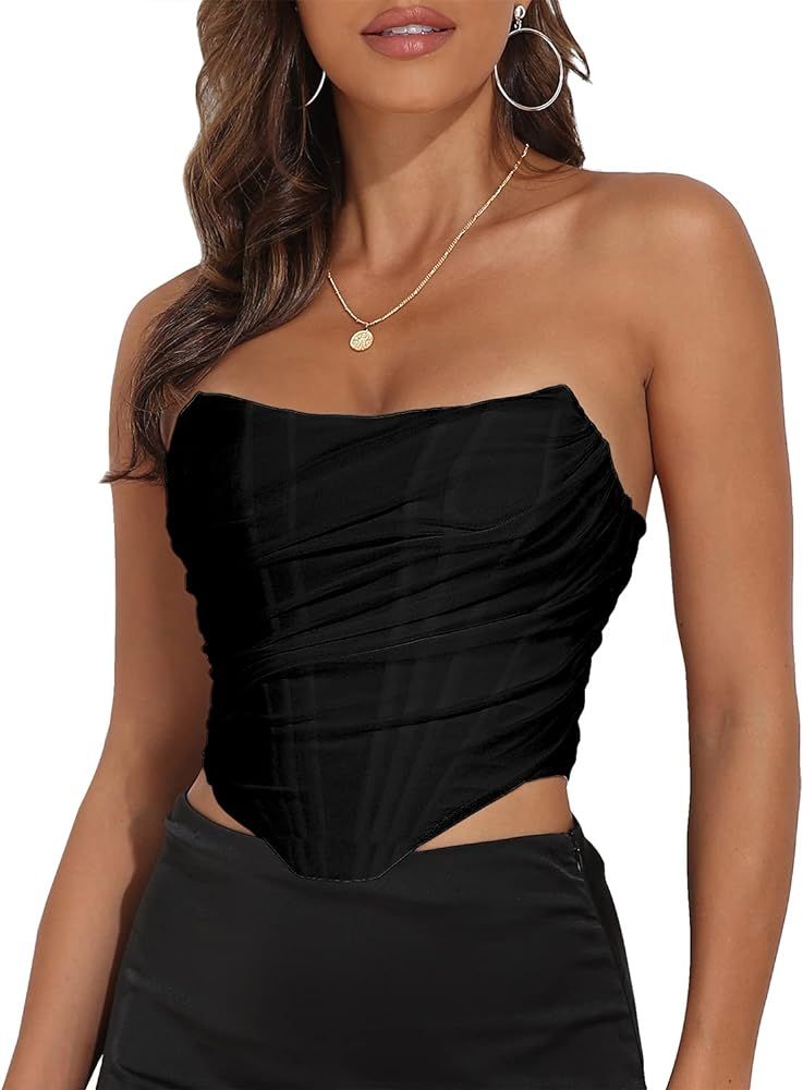 Modegal Women's Vintage Strapless Open Back Boned Mesh Bustier Zip Back Corset Bodyshaper Crop Top | Amazon (US)