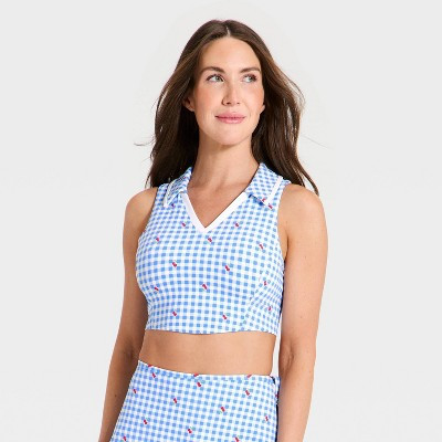 Women's Everyday Soft Light Support Polo Sports Bra - All In Motion™ Blue Gingham S | Target