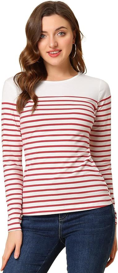 Allegra K Women's Long Sleeves Striped T Shirt Round Neck Cotton Causal Tops | Amazon (UK)