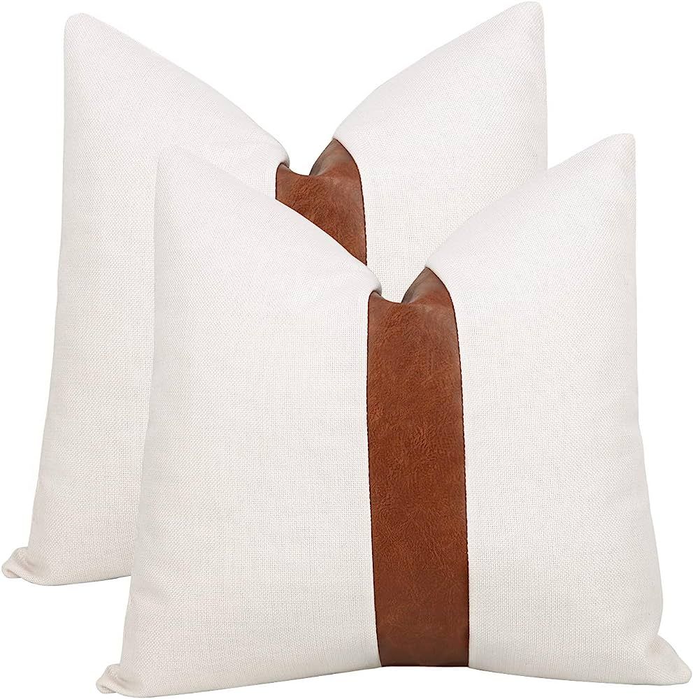 cygnus Set of 2 White Linen Patchwork Faux Leather Throw Pillow Covers for Couch Living Room Bedr... | Amazon (US)