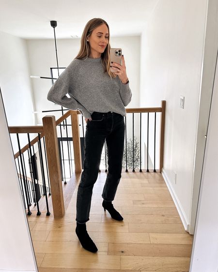 Fashion Jackson wearing grey sweater (small), black AGOLDE jeans, black booties, fall outfit, winter outfit, daily look 

#LTKstyletip #LTKunder100