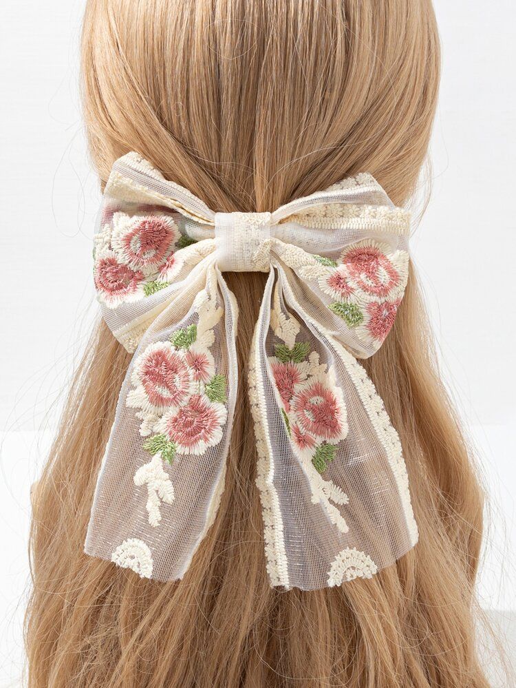 Flower Embroidered Bow Decor Hair Clip | SHEIN