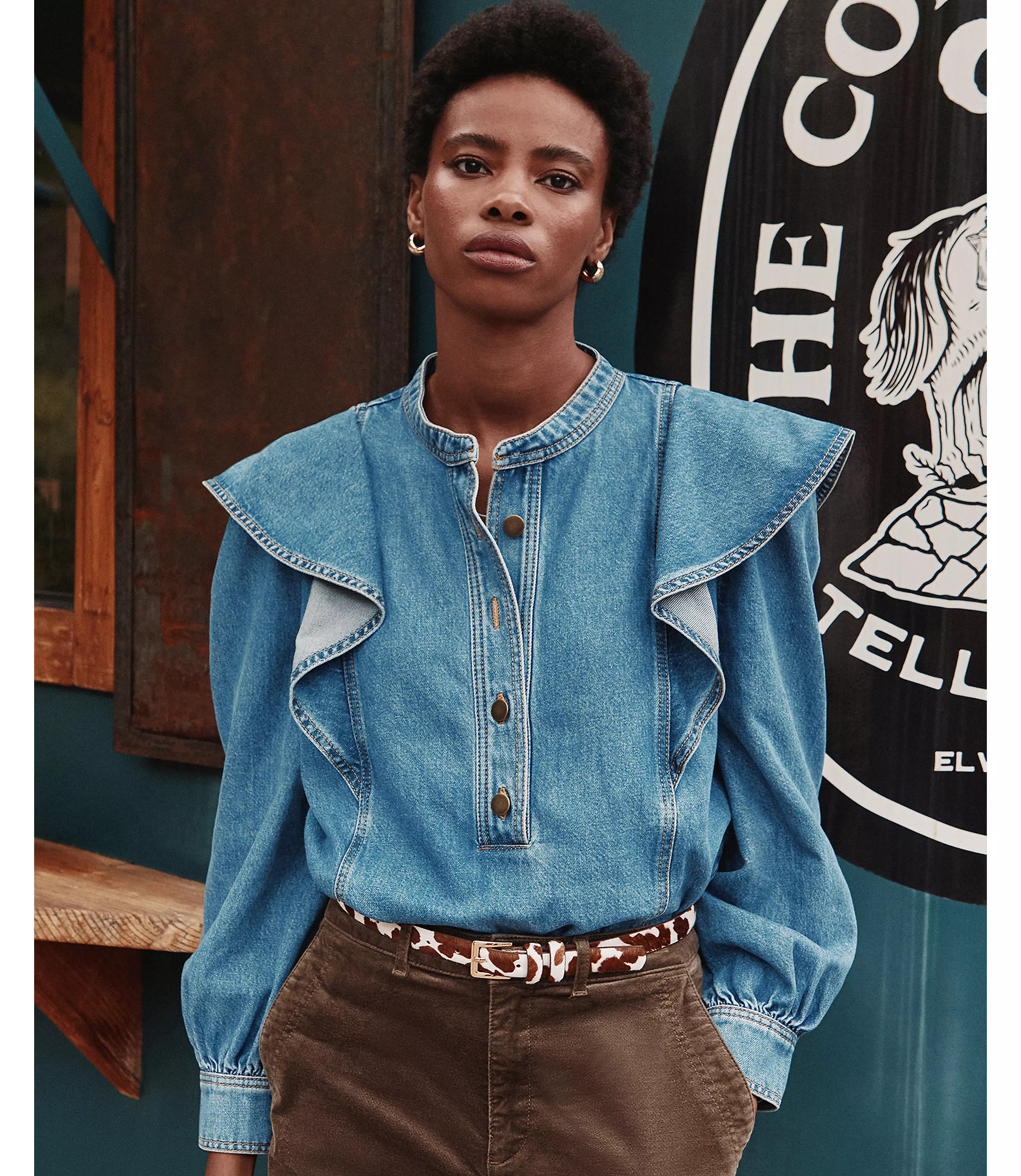 Petite Ruffle Denim Shirt in Light Wash | LOFT