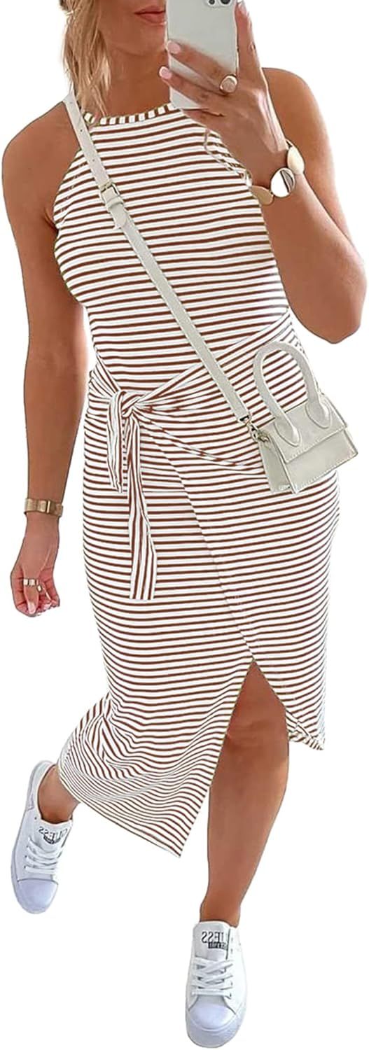 NOLLSOM Women Casual Sleeveless Striped Tank Midi Dresses Halter Neck Ruched Bodycon Dresses Tie ... | Amazon (US)