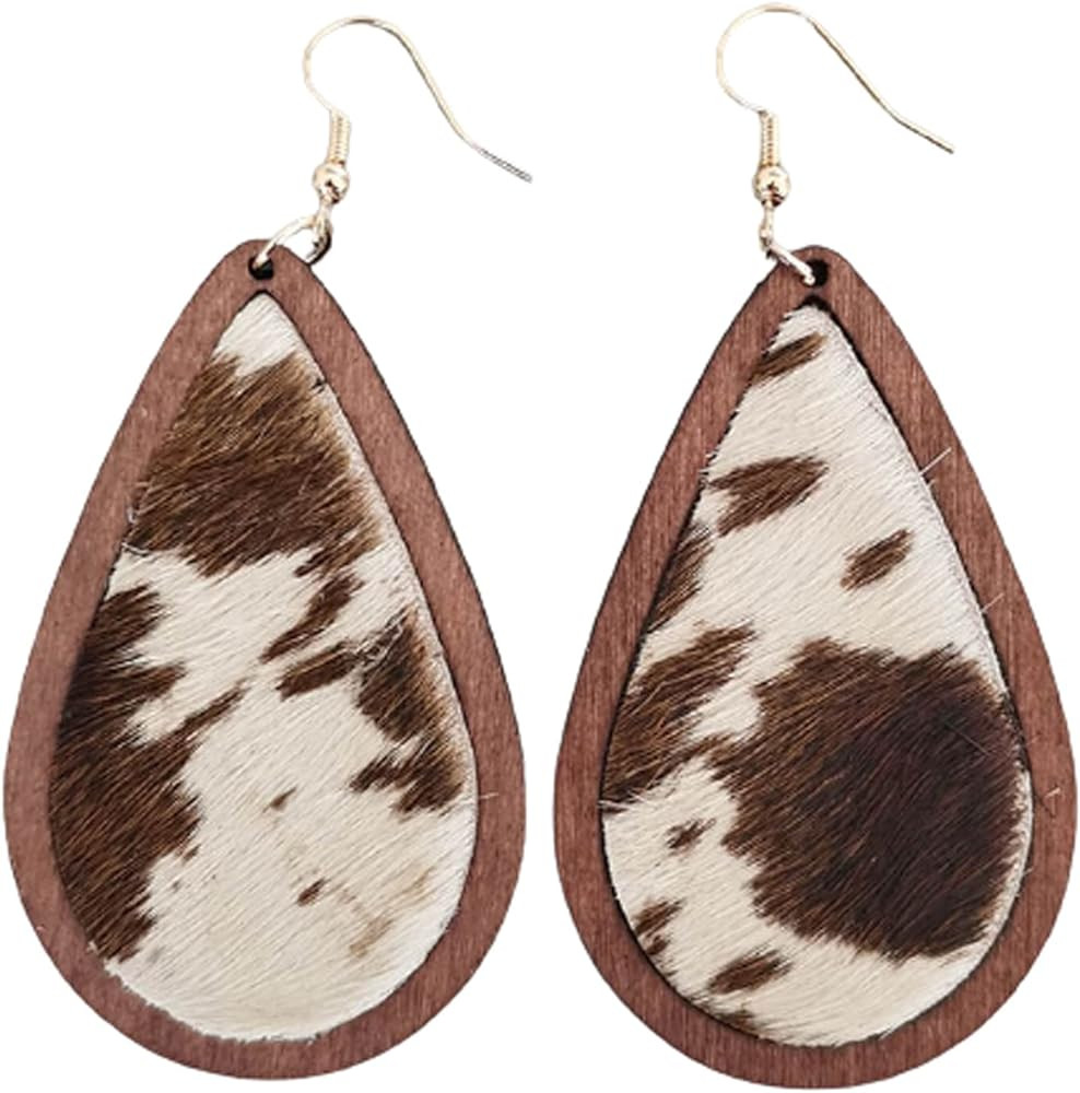 Bohemia Cow Leopard Print Dangle Drop Earrings Lightweight Leather Wood Teardrop Hook Earrings Ha... | Amazon (US)