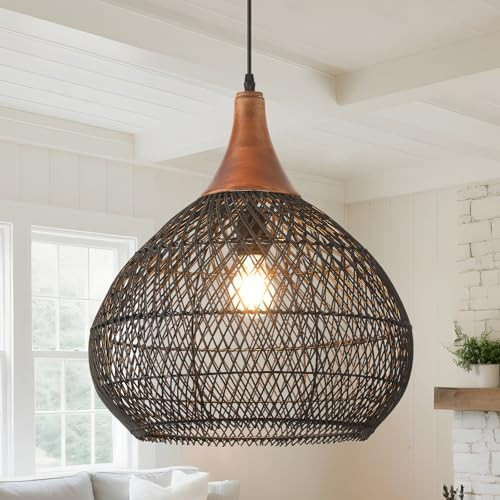 Karjearl Black Rattan Pendant Light, 15.7" Rattan Chandelier Hand-Woven Wicker Pendant Light Fixtures with Solid Wood, Basket Hanging Lighting for Dining Room Kitchen Island Living Room | Amazon (US)