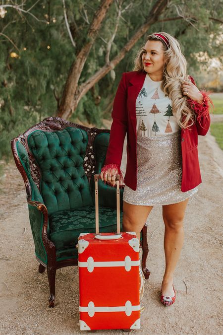 my Pink Desert Christmas tree graphic tee! wearing size large and goes to xxxl. wearing size large in red feather blazer 

#LTKHoliday #LTKunder50 #LTKcurves