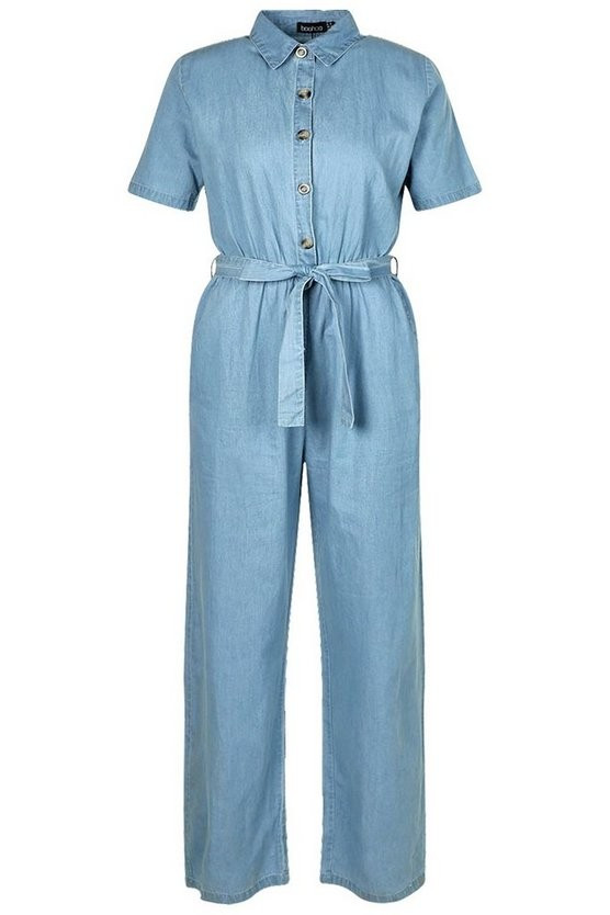Tie Waist Light Weight Denim Jumpsuit | Boohoo.com (US & CA)