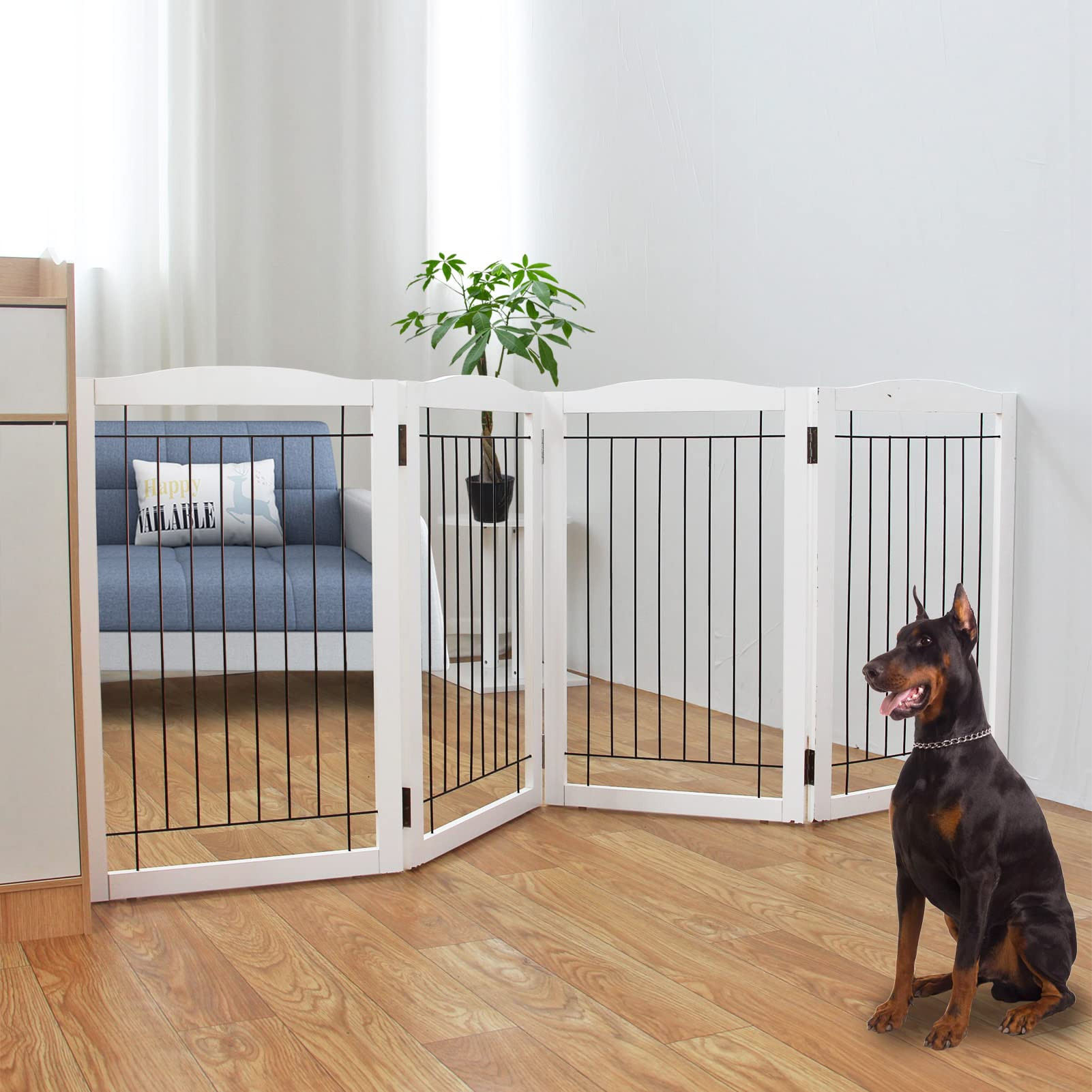 ZJSF Freestanding Foldable Dog Gate for House Extra Wide Wooden White Puppy Gate Stairs Dog Gates... | Amazon (US)