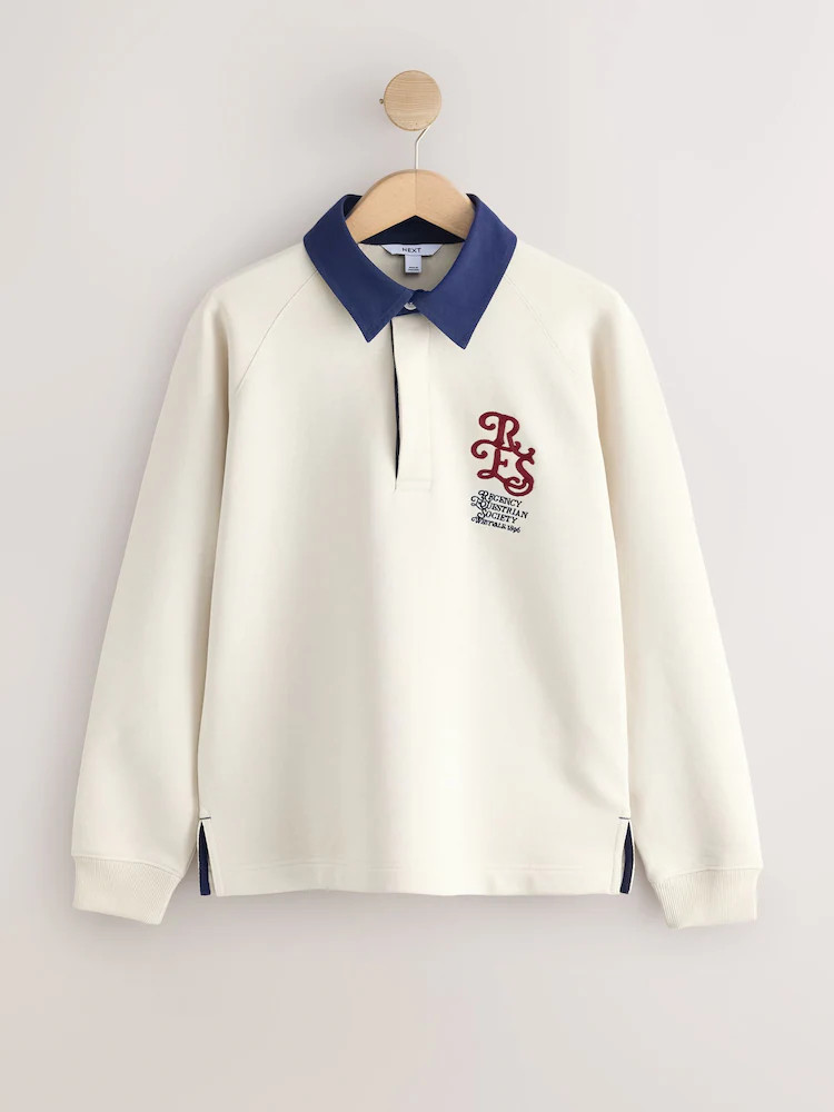 Ecru - Langarm Rugby-Shirt mit Kontrastkragen und grafischer Stickerei | Next EU