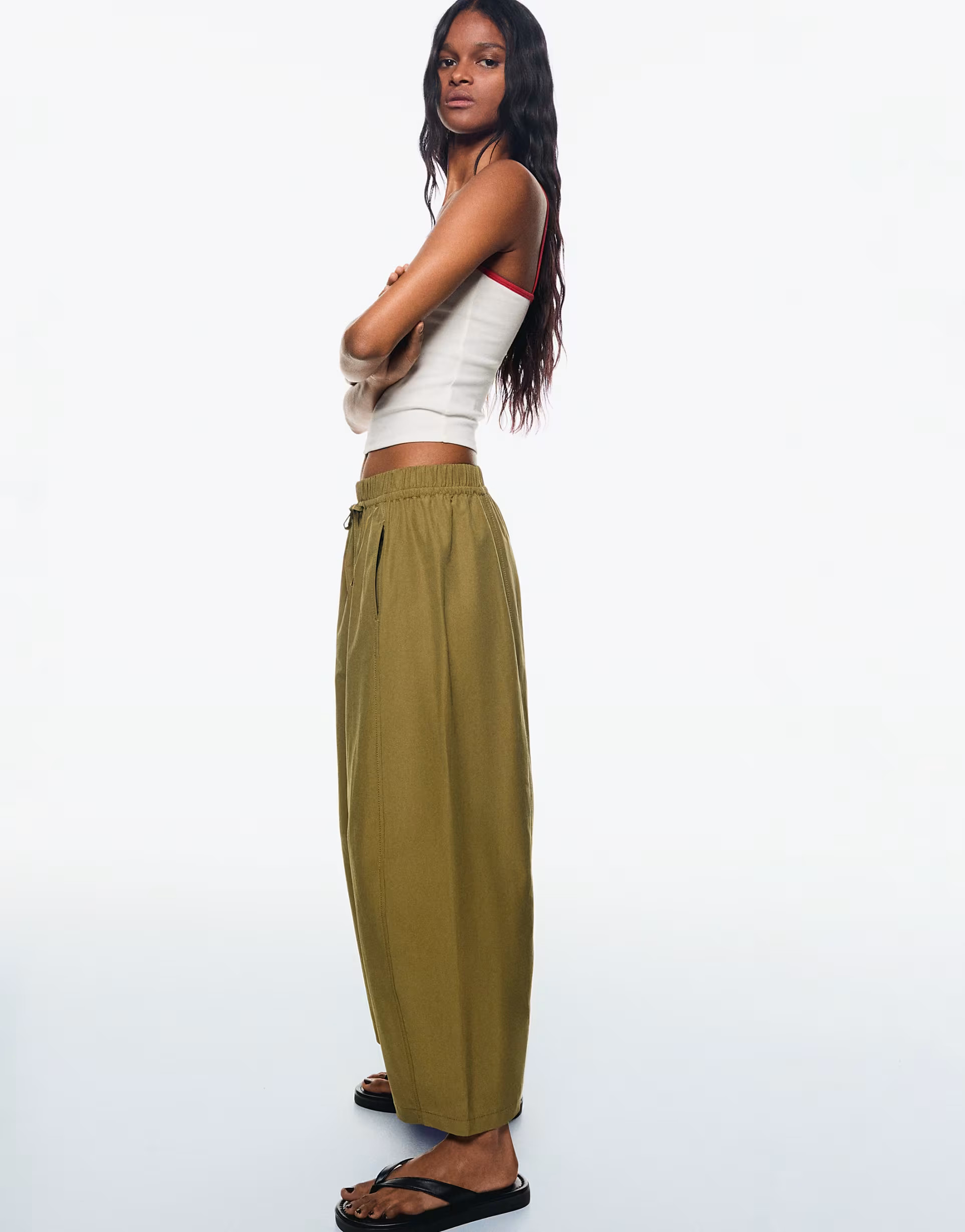 Bershka cropped barrel trousers in khaki | ASOS (Global)