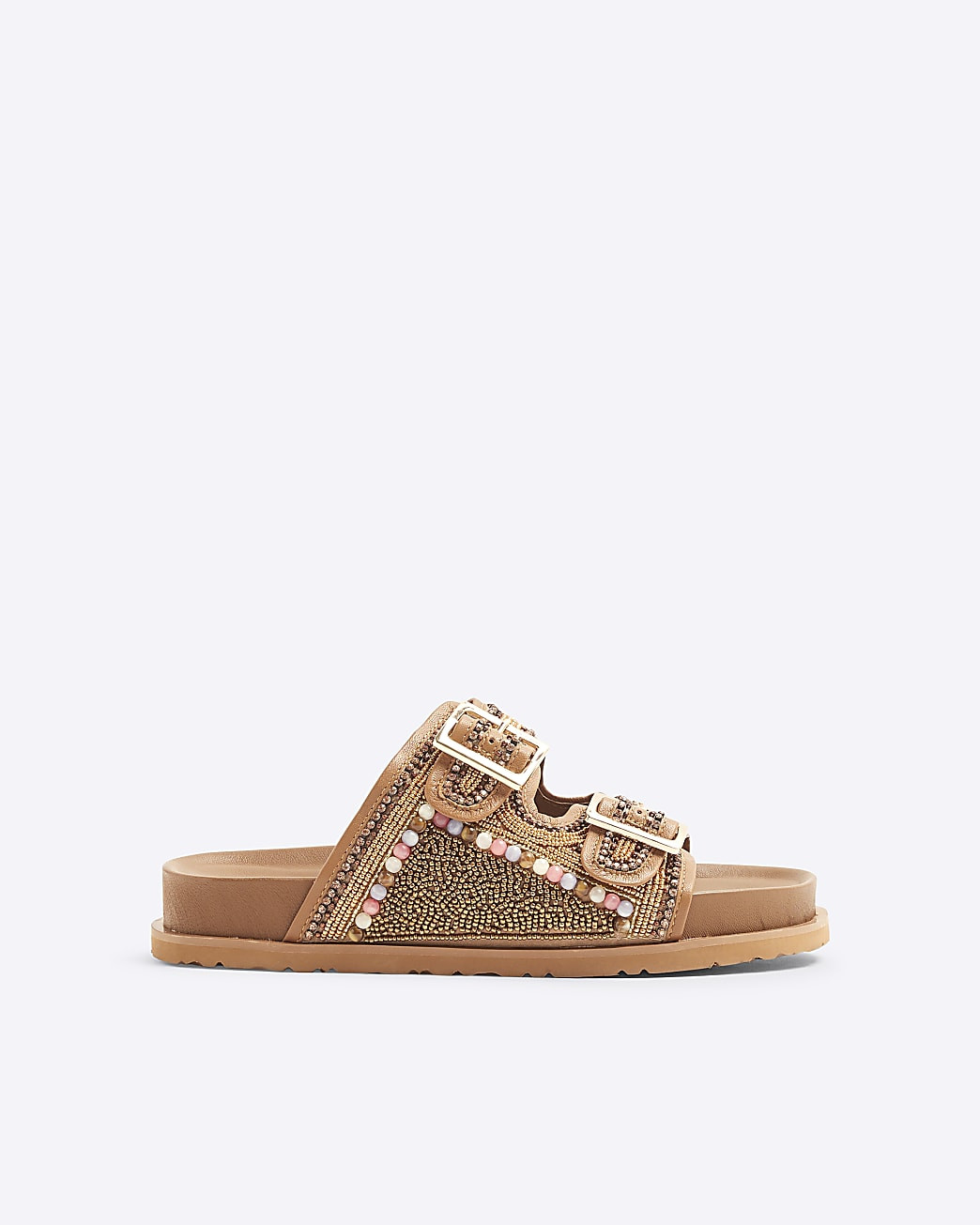 Brown Suede Embellished Footbed Sandals | River Island UK & IE
