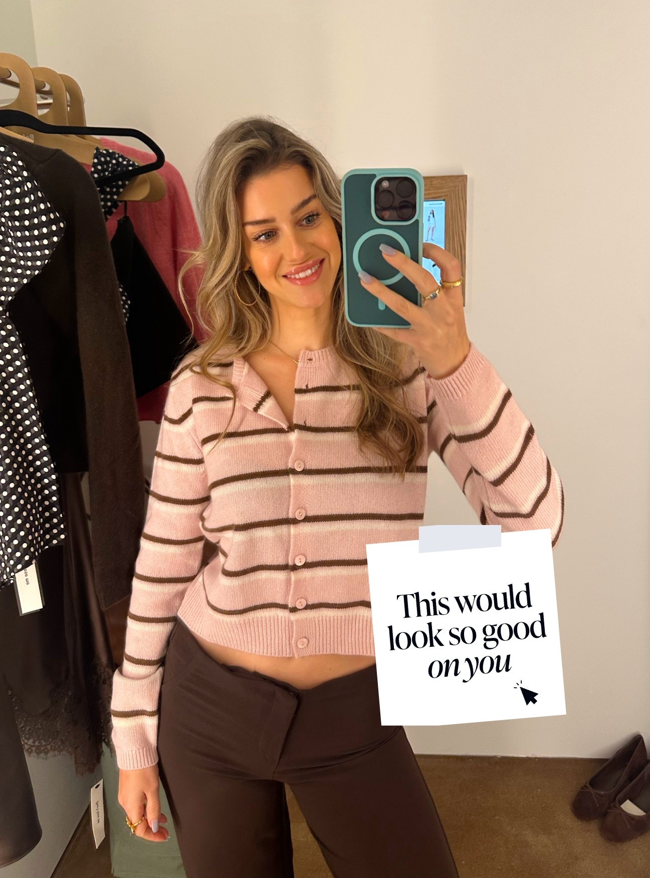 Pink & brown cardigan and brown low rise pants from Reformation - perfect for cooler weather #falloutfit#cardigan#sweater

#LTKSeasonal