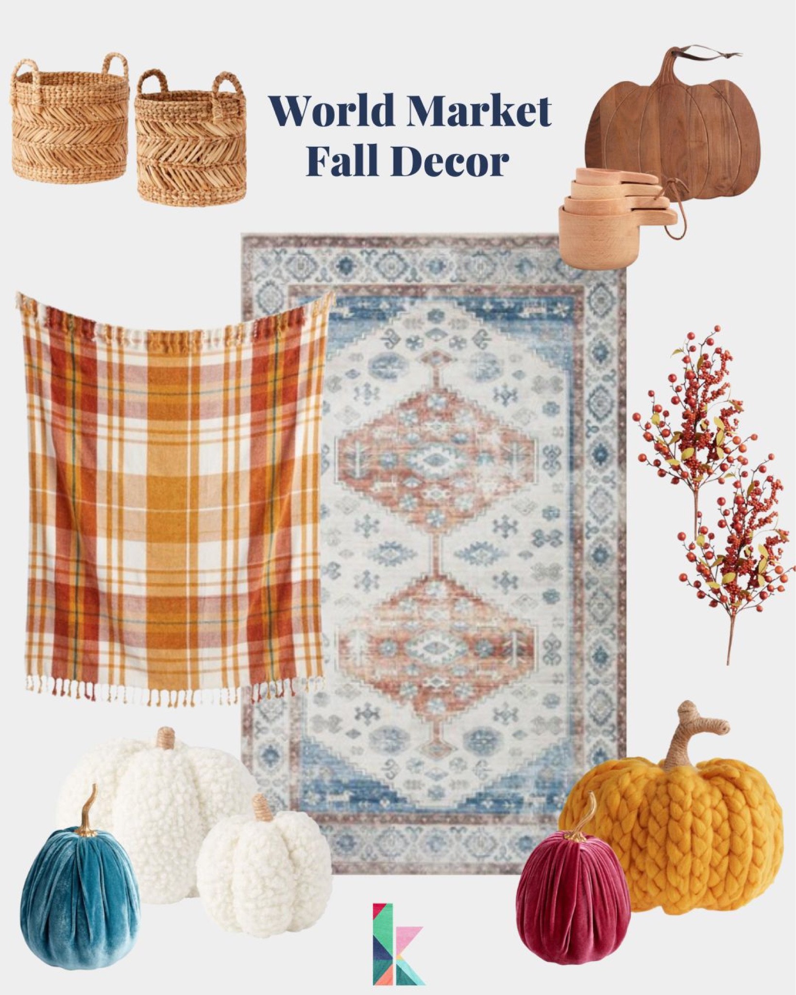 Fall decor, World Market, world market fall decor, decor, fall, plaid blanket, pumpkin, fall rug, casual, sale, home decor, October, rustic, basket, fall stems, measuring cups, plaid throw, cutting board 

#LTKhome #LTKSeasonal #LTKunder50