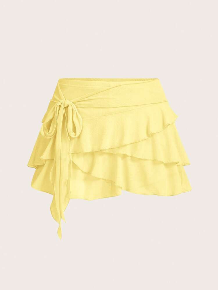 SHEIN ICON Summer Women's Going Out Yellow Multi-Layer Ruffle Trim Low Rise Y2K Mini Skirt | SHEIN