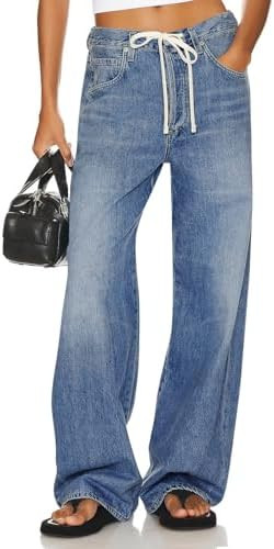 PLNOTME Womens Baggy Wide Leg Jeans Boyfriend Drawstring High Waisted Mom Denim Pants with Pocket... | Amazon (US)