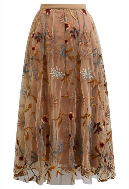 Whimsical Flowers Embroidered Mesh Tulle Midi Skirt in Camel for Garden Parties & Bridal Showers | Chicwish