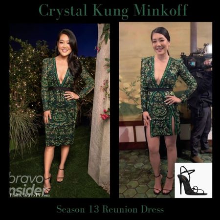 Crystal Kung Minkoff’s Green Embellished Real Housewives of Beverly Hills Season 13 Reunion Dress is by Yannick Machado // Shop Similar and her Shoes 📸 + info = @bravotv