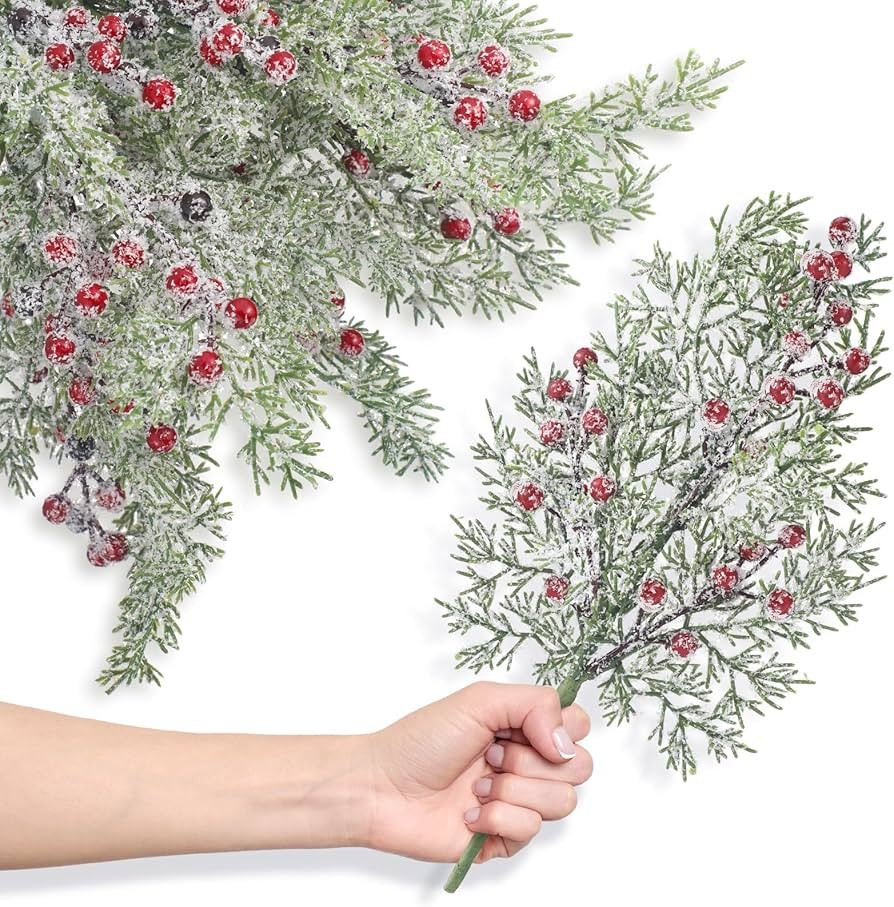 Lyrow 24 Pcs Christmas Artificial Juniper Cedar Branches Picks Spray with Berry Faux Greenery Spr... | Amazon (US)