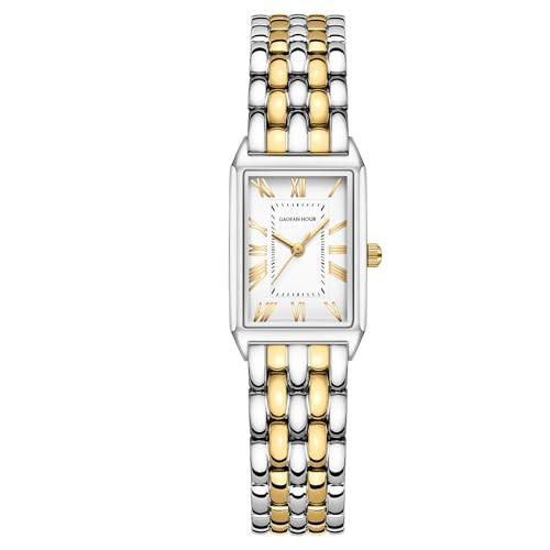 GAOFAN HOUR Gold Watches for Women with Vintage Rectangular Case,White Roman Dial,Stainless Steel Band,Adjustment Tool Included,Water Resistant(Two-Tone) | Amazon (US)