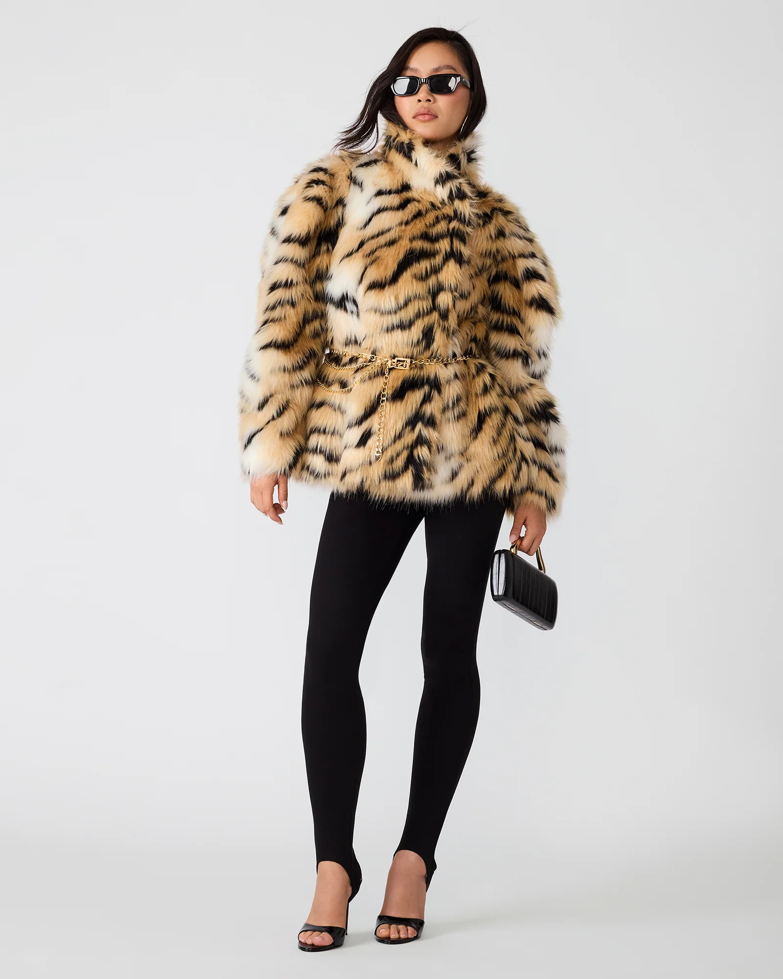 Steve Madden Women's Alexx Coat Long Sleeve Faux Fur Jackets & Coats - Black Multi - Size XS - Polyester | Steve Madden (US)