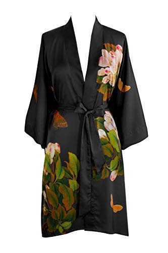 KIM+ONO Charmeuse Kimono Robe Short - Peony & Butterfly - Black | Amazon (US)