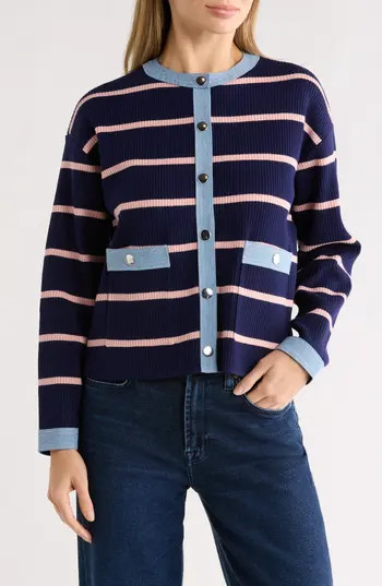 Nanette Lepore Denim Trim Stripe Ribbed Cardigan in Nanette Navy Pink/Light Denim at Nordstrom Rack, Size Small | Nordstrom Rack