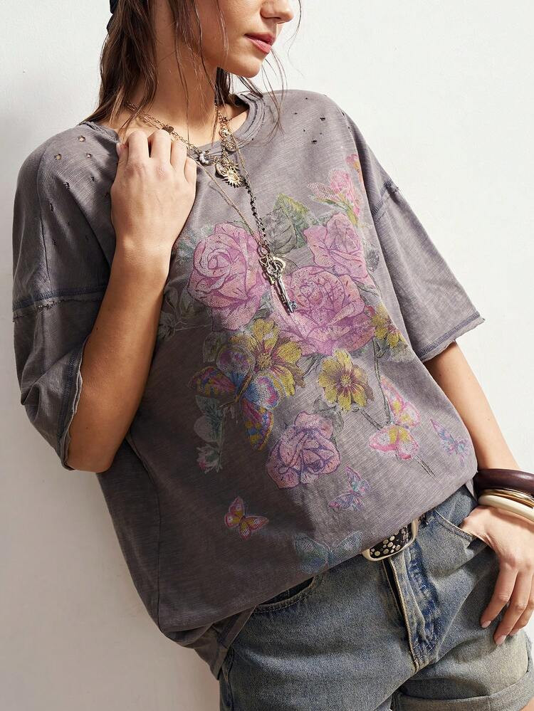 Bohemela Casual Black Solid Color Knitted Crew Neck Short Sleeve Loose Washed Printed Women's T-Shirt Spring To Summer Vacation Outfits Women Holiday Outfits For Women Summer Outfits Summer Tops Black Top Graphic Tees Women | SHEIN