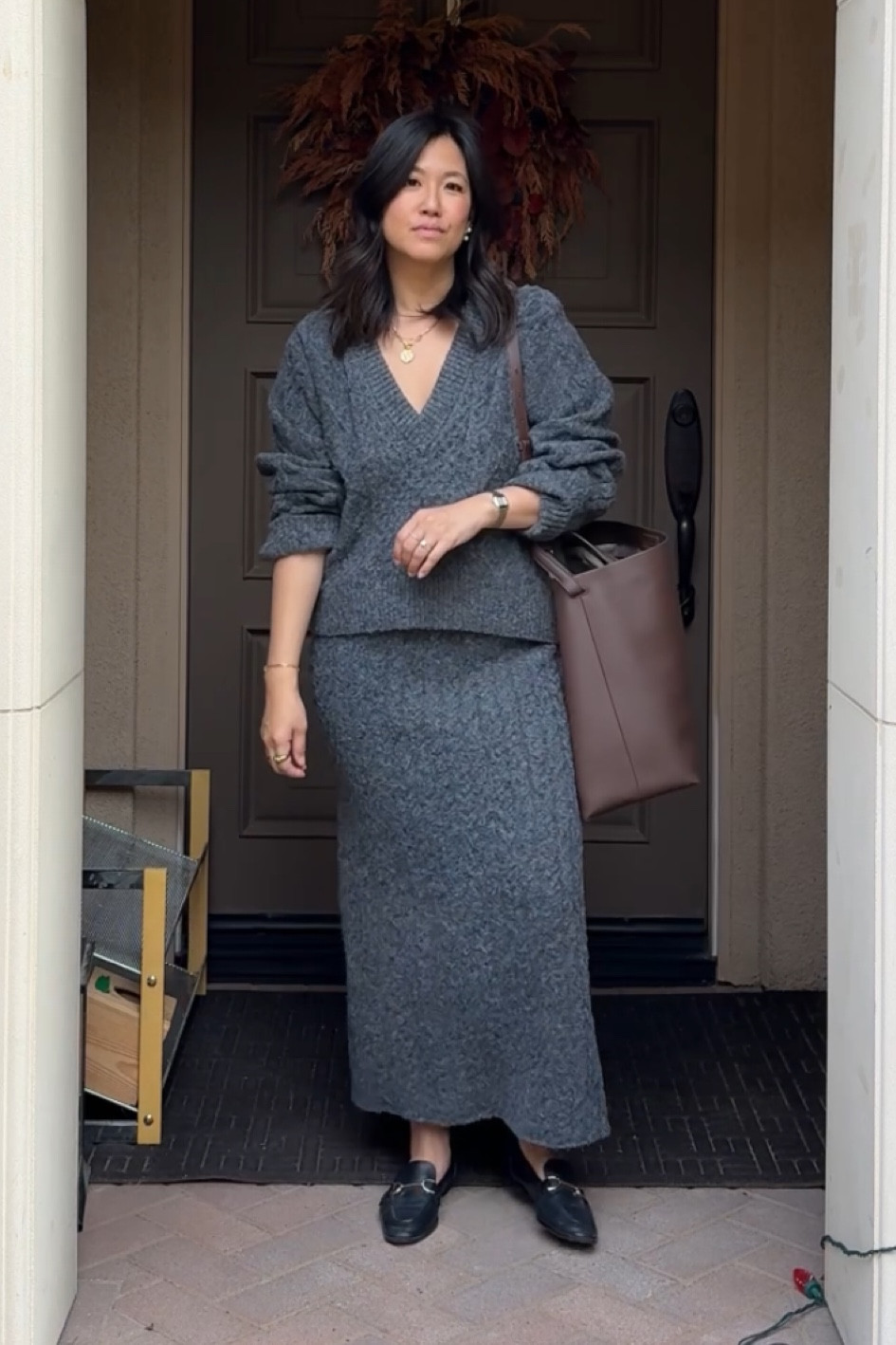 Cable knit sweater skirt set
Loafers 

#LTKdayinmylife #LTKgrwm #LTKmomlife