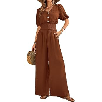Womens Jumpsuits Short Sleeve V Neck Dressy Casual Wide Leg Pants Romper 2026 Summer One Piece Ou... | Amazon (US)