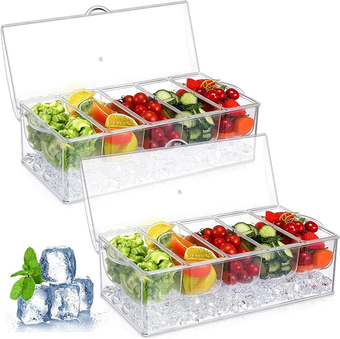 2 Pieces 5 Condiment Tray Server Ice Chilled Compartment Container Organizer with Hinged Lid Cool... | Amazon (US)