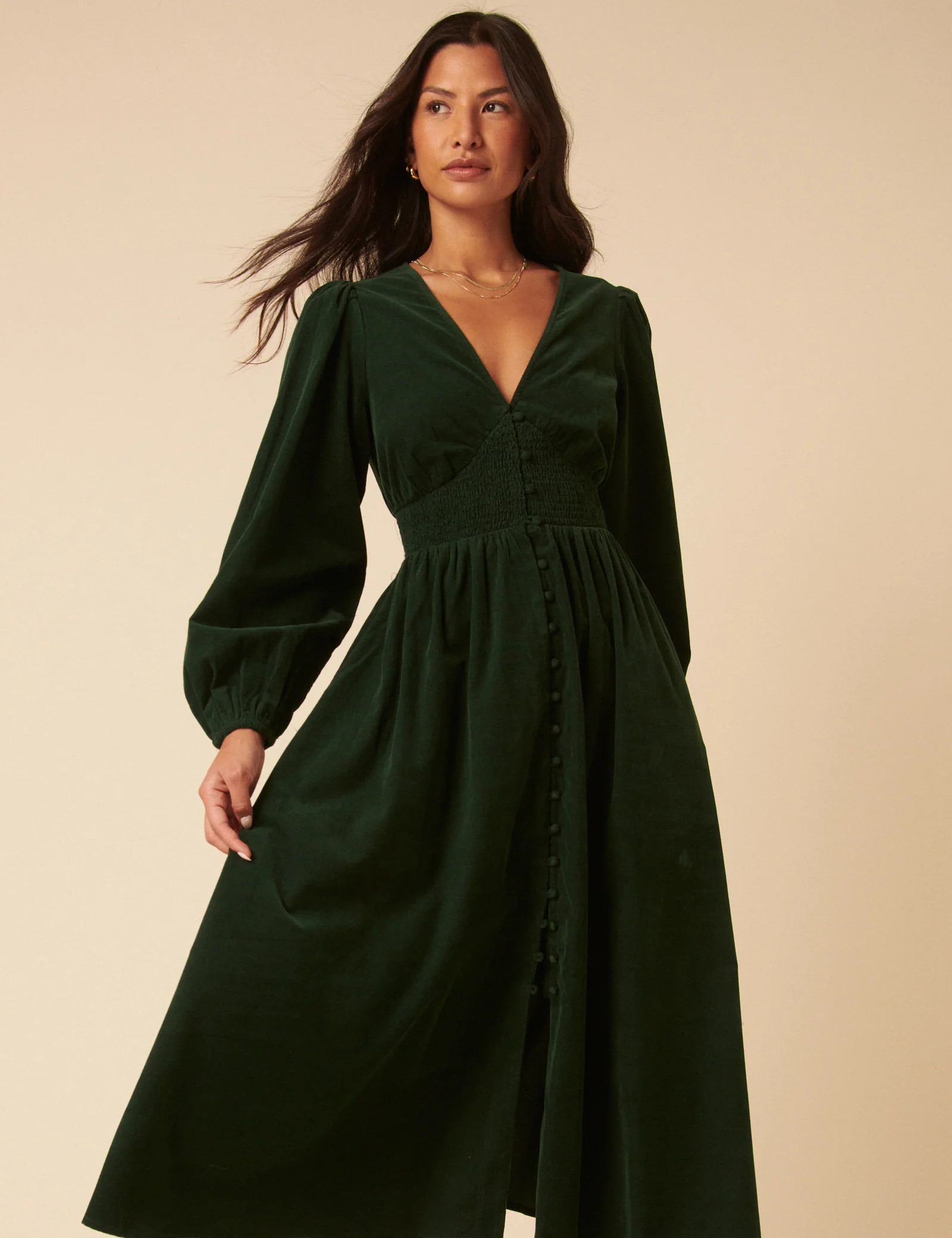 Forest Green Cord Long Sleeve Riley Midi Dress | Nobody's Child