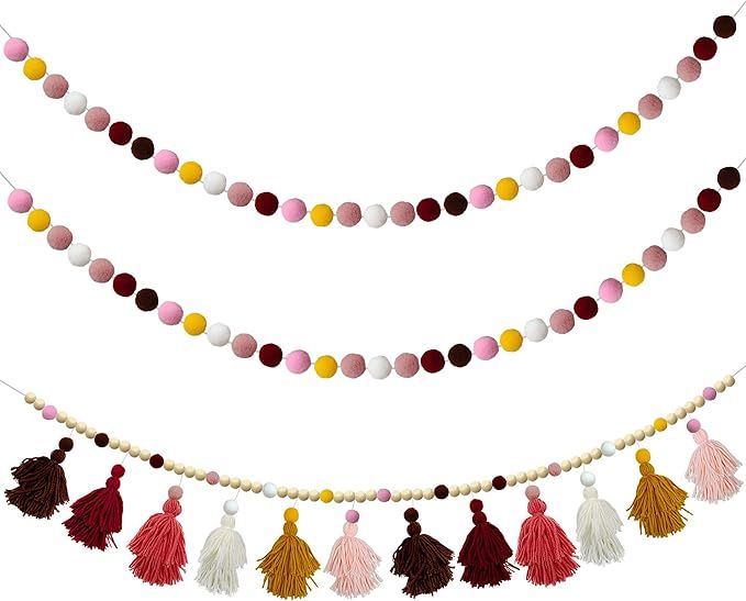 3 PCS Cotton Boho Tassel Garland with Wood Beads Colorful Pom Pom Garlands Decorative Wall Hangin... | Amazon (US)