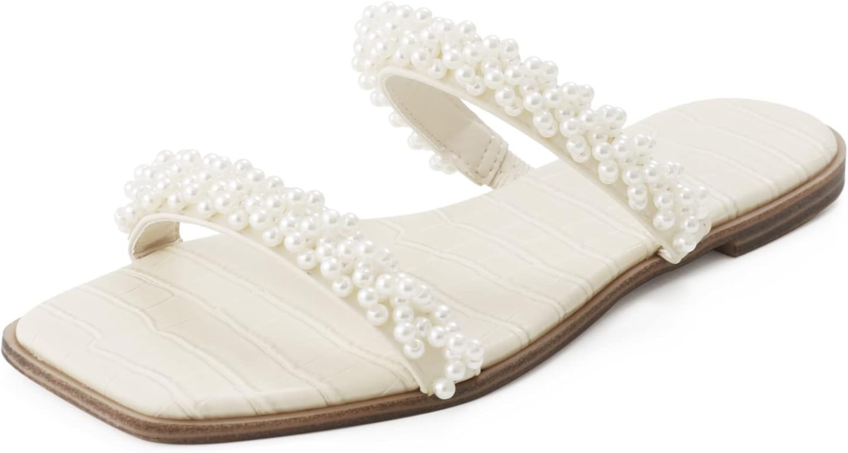 LACUONE Pearl Strap Flat Sandals For Women Slip On Square Open Toe Slides Sandals | Amazon (US)