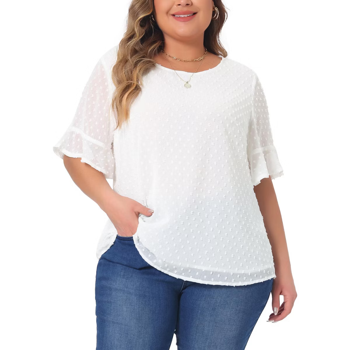 Agnes Orinda Women's Plus Size Round Neck Ruffle Sleeve Swiss Dots Double-Layered Blouse White 2X | Target