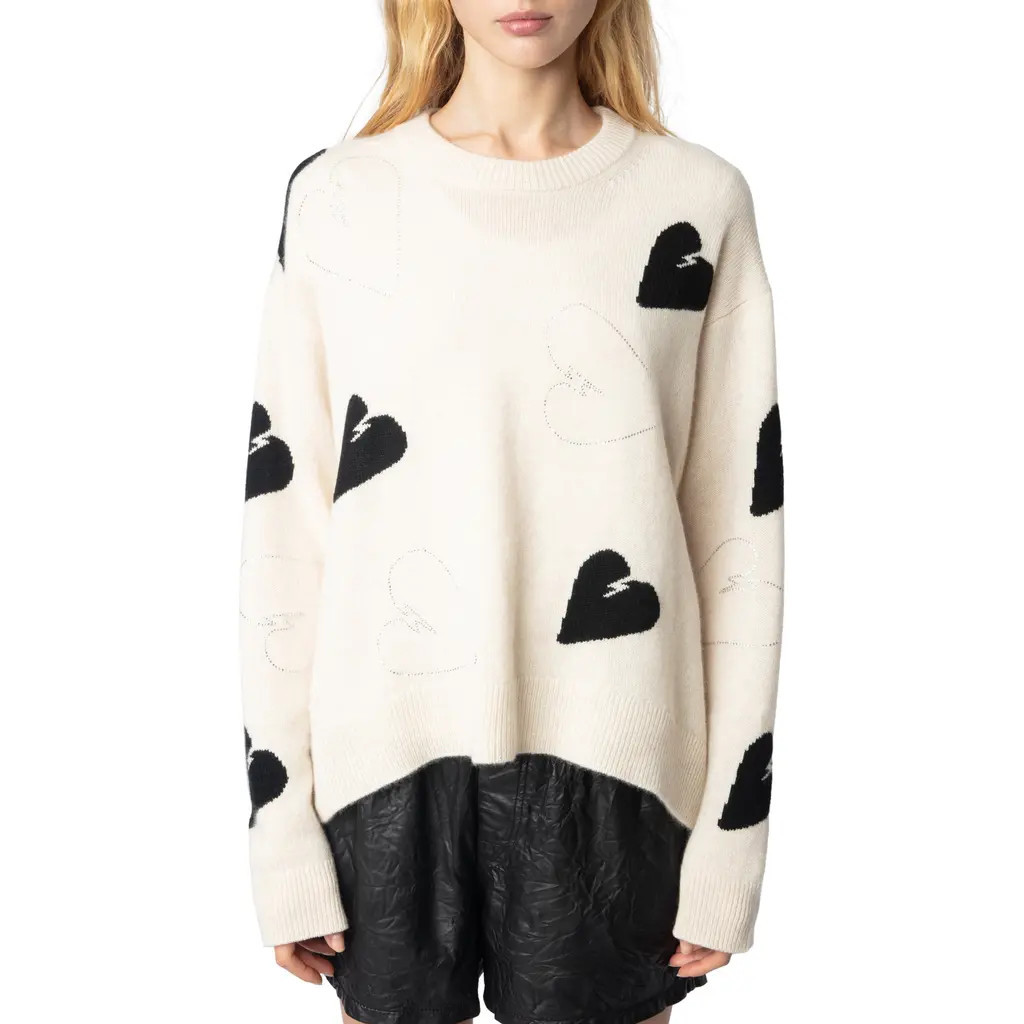 Zadig & Voltaire Markus Metallic Heart Cashmere Sweater in Ecru at Nordstrom, Size Small | Nordstrom