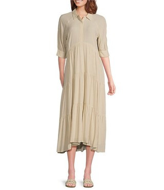 A Loves A Pinstripe Print Button Point Collar 3/4 Blouson Cuff Sleeve Tiered Waistless Midi Shirt... | Dillard's