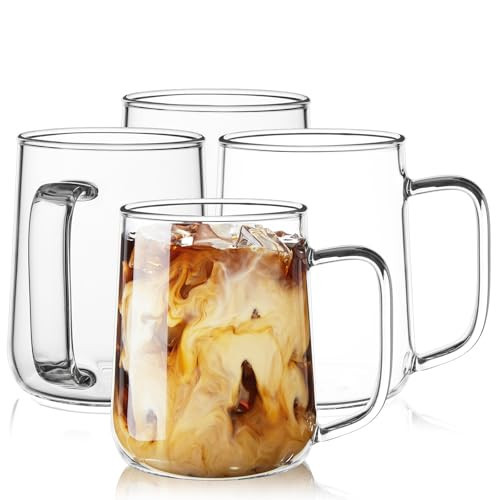 ZMZKKLL Glass Coffee Mugs, 16 oz Glass Coffee Cups Set of 4, Clear Borosilicate Glass Mugs with Handles for Cappuccino, Tea, Latte, Hot/Cold Beverages, Wine, Americano | Amazon (US)