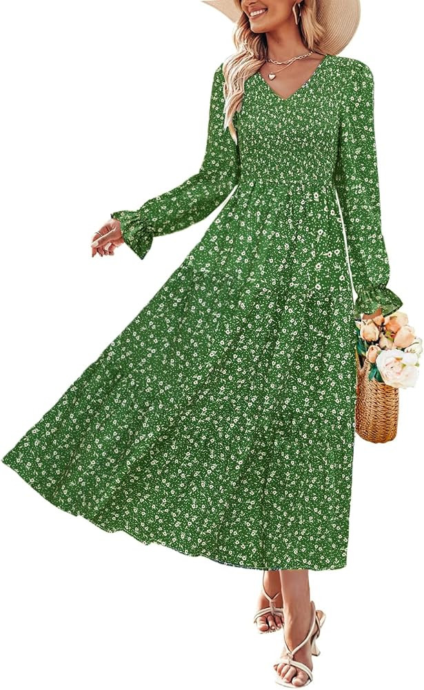 ZESICA Womens Floral Boho Maxi Dress 2026 Spring Summer Casual Long Sleeve V Neck A Line Flowy We... | Amazon (US)