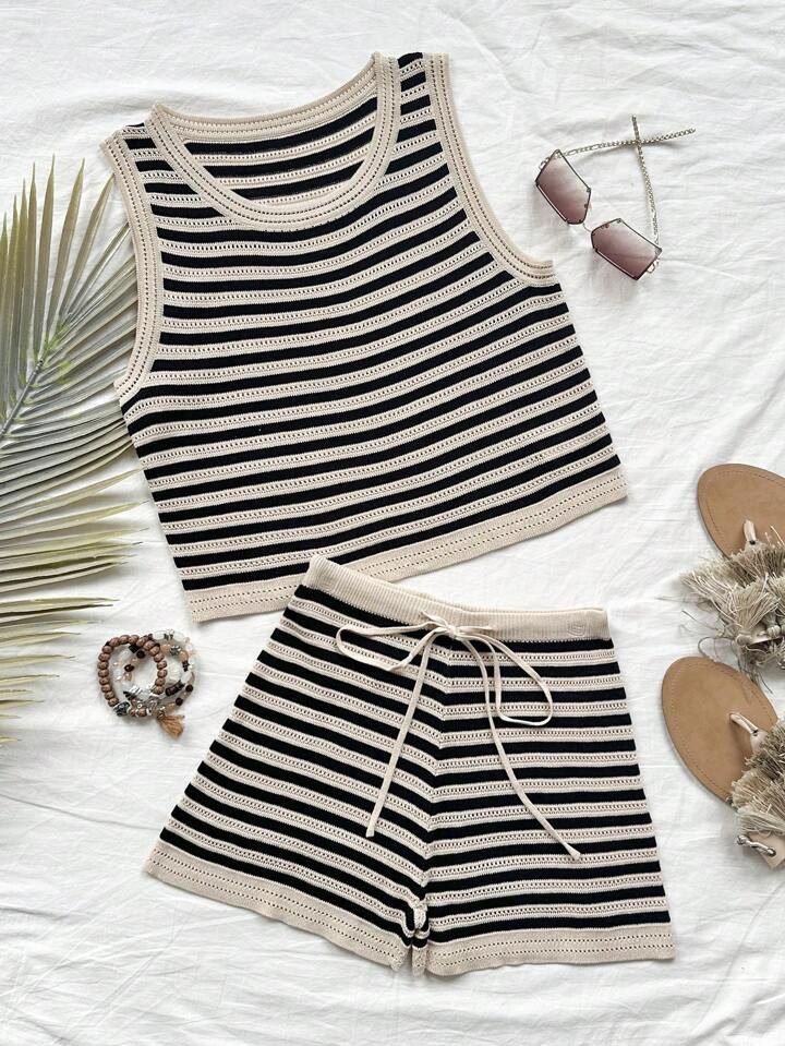 SHEIN WYWH Striped Texture Casual Vacation Knit Vest & Shorts 2pcs Set | SHEIN