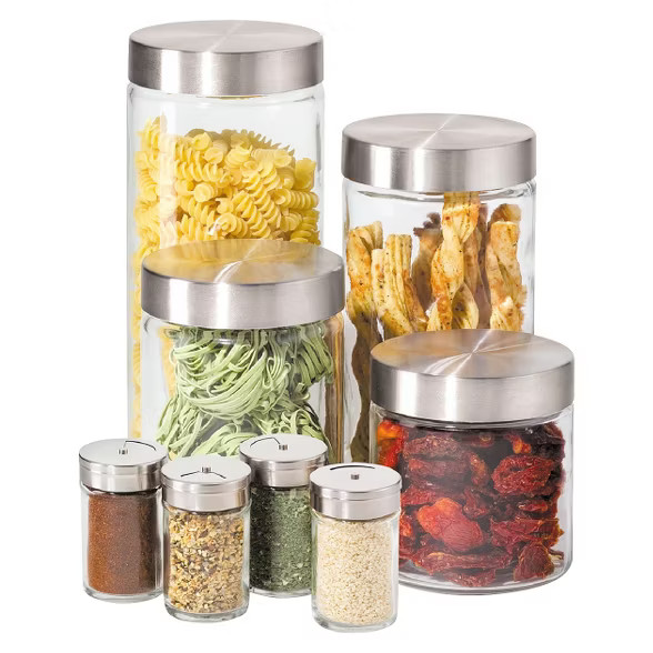 Oggi 8 Piece Round Airtight Glass Canister and Spice Jar Set with Stainless Steel Lids | Target