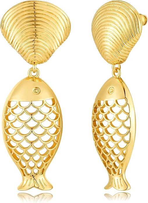 LILIE&WHITE Gold Fish Dangle Earrings for Women With Trendy Shell Earrings Chic Mermaid Seashell ... | Amazon (US)