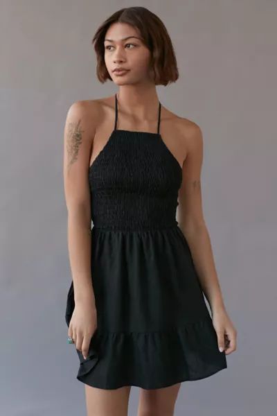 Urban Renewal Eco Linen Smocked High Neck Mini Dress | Urban Outfitters (US and RoW)