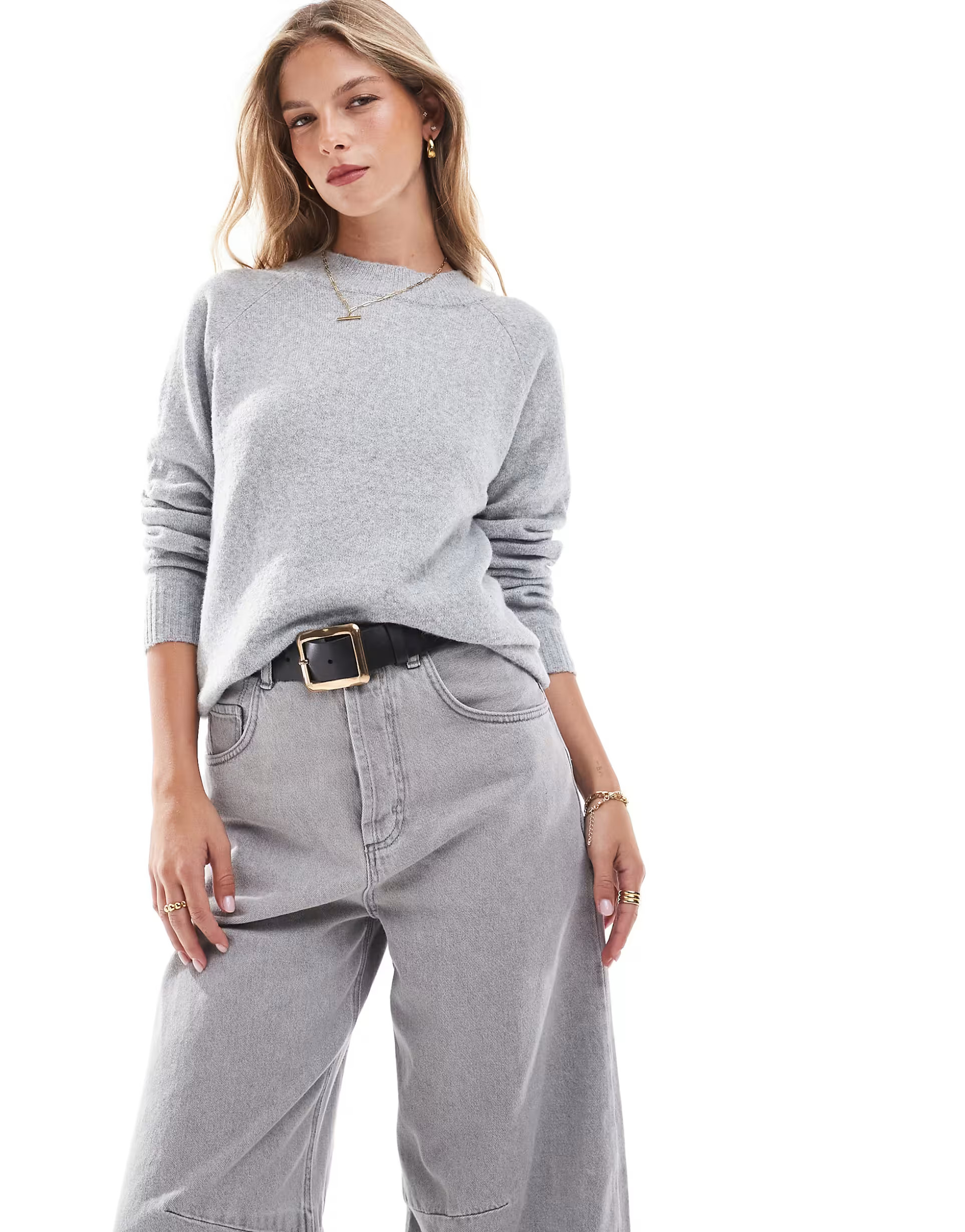 Vero Moda round neck jumper in light grey | ASOS (Global)