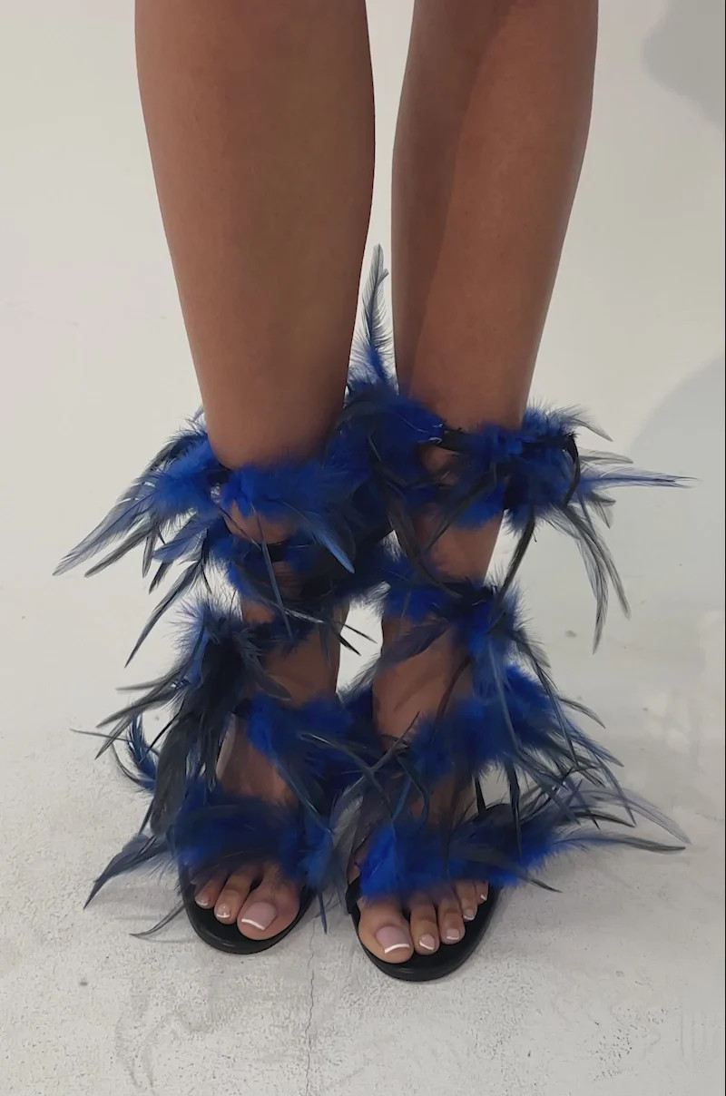 AKIRA GOLD COVERT FEATHER EMBELLISHED SPIRAL STRAP STILETTO SANDAL | AKIRA