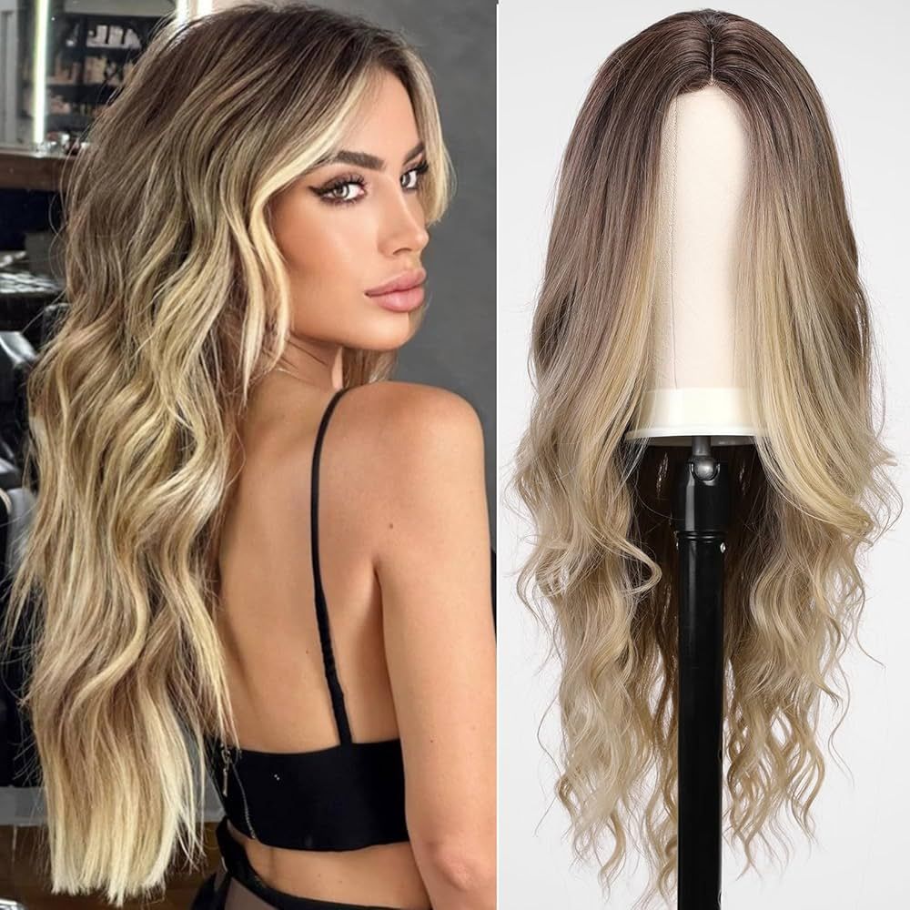 KOME Long Ombre Brown mix Blonde Wavy Wig for Women,Middle Part Curly Wavy Wig,Natural Looking Sy... | Amazon (US)