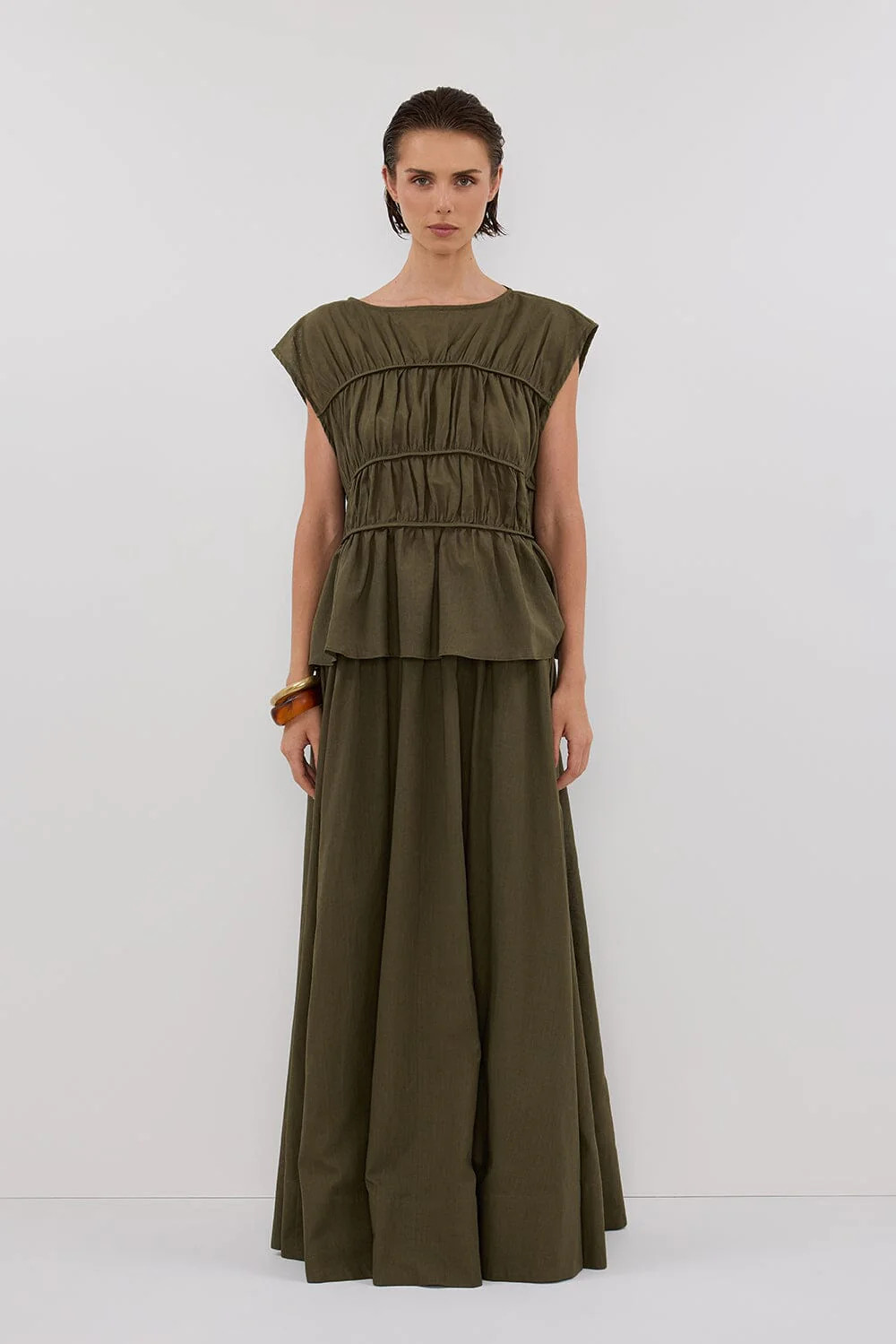 FLYNN OLIVE LINEN BLEND TIERED TOP - PRE ORDER | DISSH