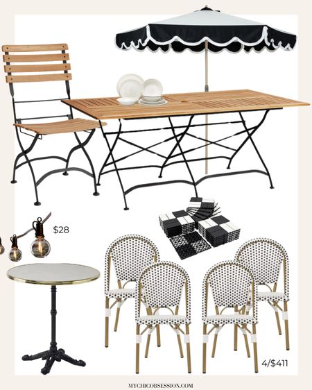 Parisian inspired outdoor furniture set up for al fresco dining and coffee dates. With a big outdoor table, umbrella, bistro chairs, bistro table, outdoor lights, and more, this set up is perfect for family time and entertaining!

#LTKHome #LTKSeasonal